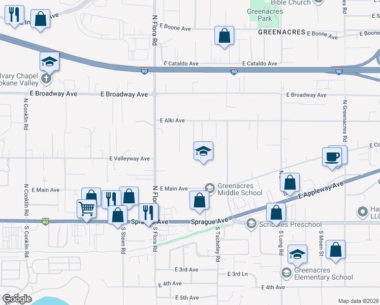 map of restaurants, bars, coffee shops, grocery stores, and more near 408 North Bell Street in Spokane Valley