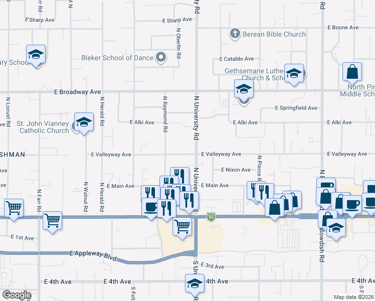 map of restaurants, bars, coffee shops, grocery stores, and more near 10603 East Valleyway Avenue in Spokane Valley
