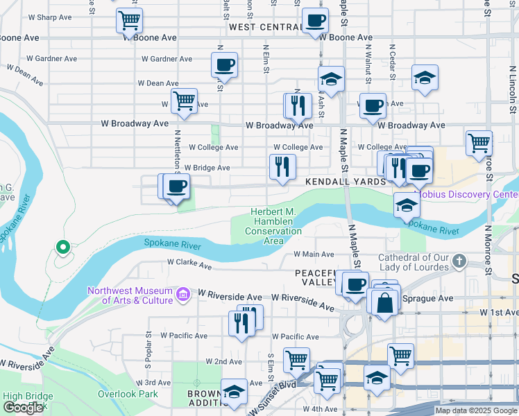 map of restaurants, bars, coffee shops, grocery stores, and more near 1913 West Ohio Avenue in Spokane