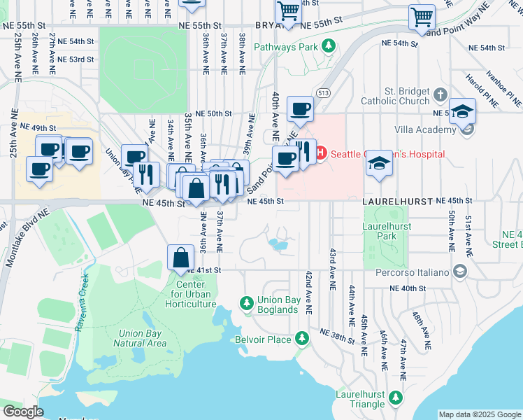 map of restaurants, bars, coffee shops, grocery stores, and more near 3821 Northeast 45th Street in Seattle