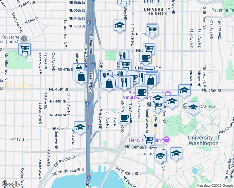 map of restaurants, bars, coffee shops, grocery stores, and more near 811 Northeast 45th Street in Seattle