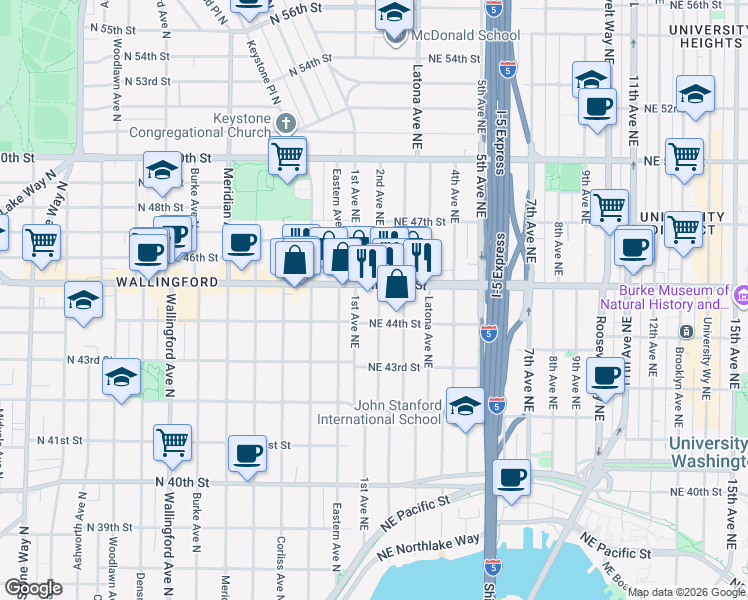 map of restaurants, bars, coffee shops, grocery stores, and more near 4421 2nd Avenue Northeast in Seattle