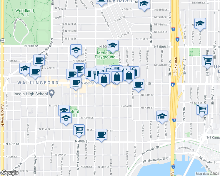 map of restaurants, bars, coffee shops, grocery stores, and more near 4422 Corliss Avenue North in Seattle