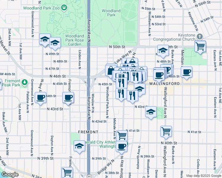 map of restaurants, bars, coffee shops, grocery stores, and more near 4454 Woodland Park Avenue North in Seattle