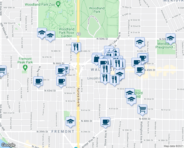 map of restaurants, bars, coffee shops, grocery stores, and more near 4454 Woodland Park Avenue North in Seattle