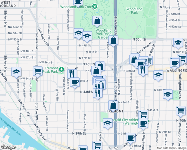 map of restaurants, bars, coffee shops, grocery stores, and more near 4425 Fremont Avenue North in Seattle
