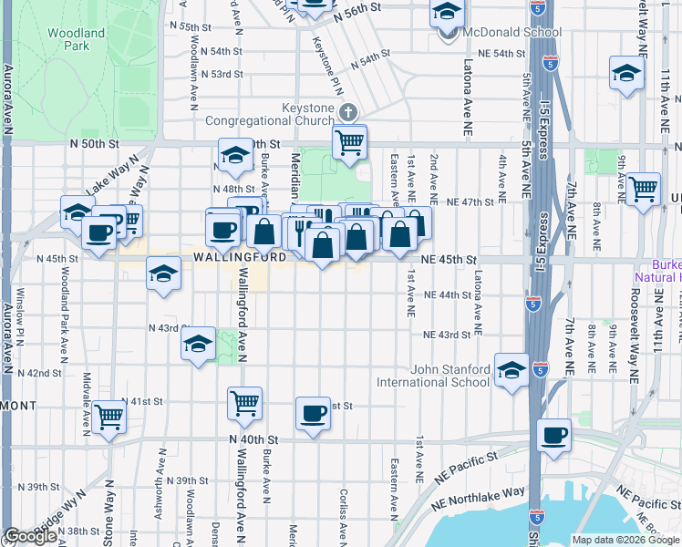 map of restaurants, bars, coffee shops, grocery stores, and more near 4422 Corliss Avenue North in Seattle