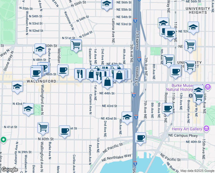 map of restaurants, bars, coffee shops, grocery stores, and more near 4427 Thackeray Place Northeast in Seattle