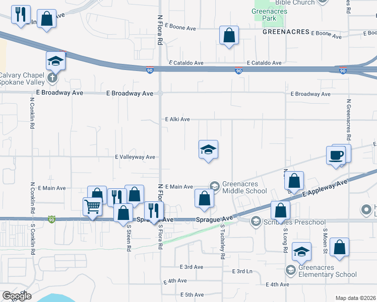 map of restaurants, bars, coffee shops, grocery stores, and more near 408 Bell Street in Spokane Valley