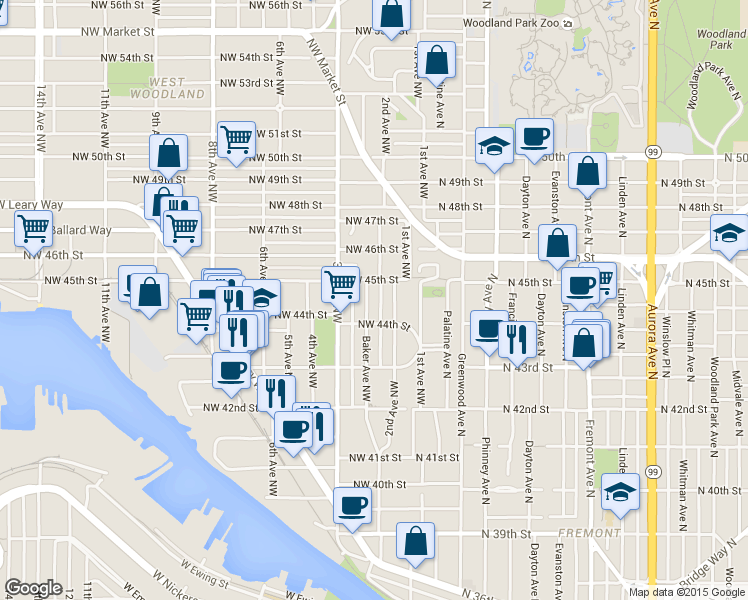 map of restaurants, bars, coffee shops, grocery stores, and more near 4420 Baker Avenue Northwest in Seattle