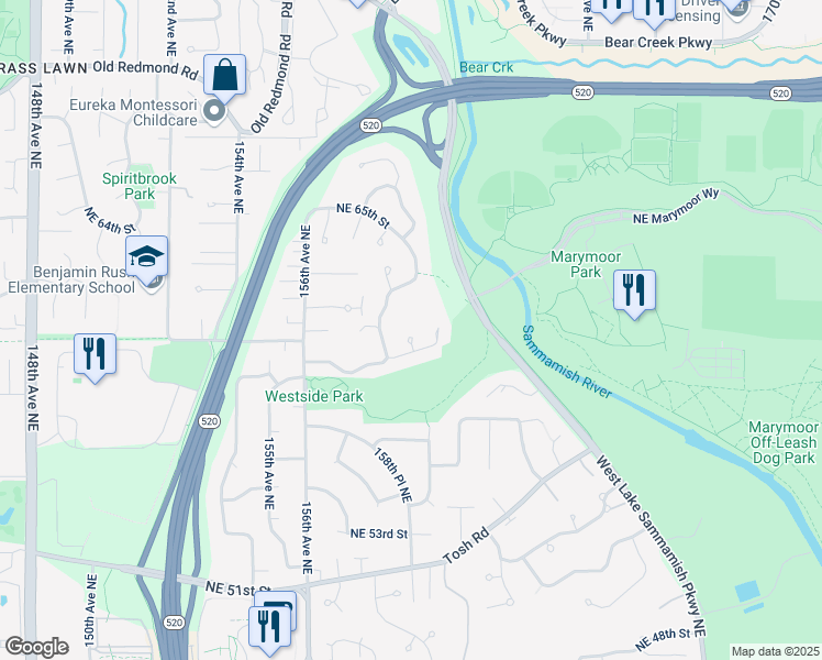 map of restaurants, bars, coffee shops, grocery stores, and more near 5922 159th Court Northeast in Redmond