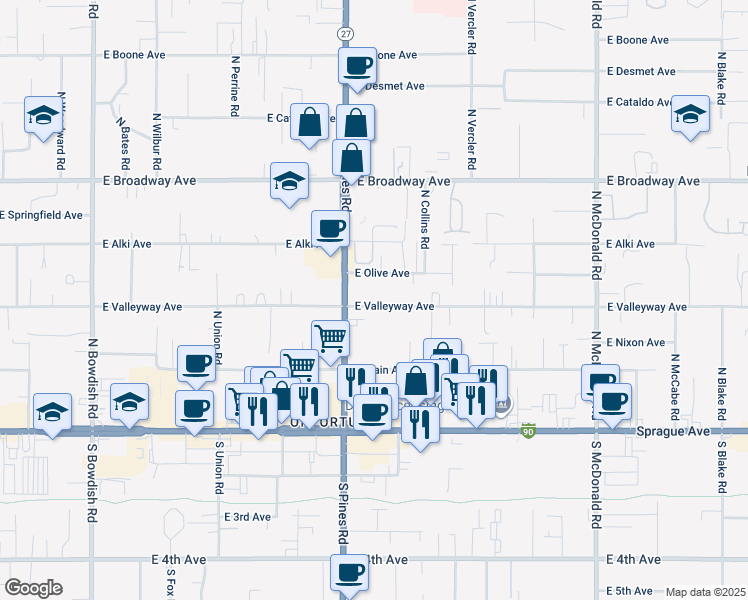 map of restaurants, bars, coffee shops, grocery stores, and more near 12325 East Valleyway Avenue in Spokane Valley