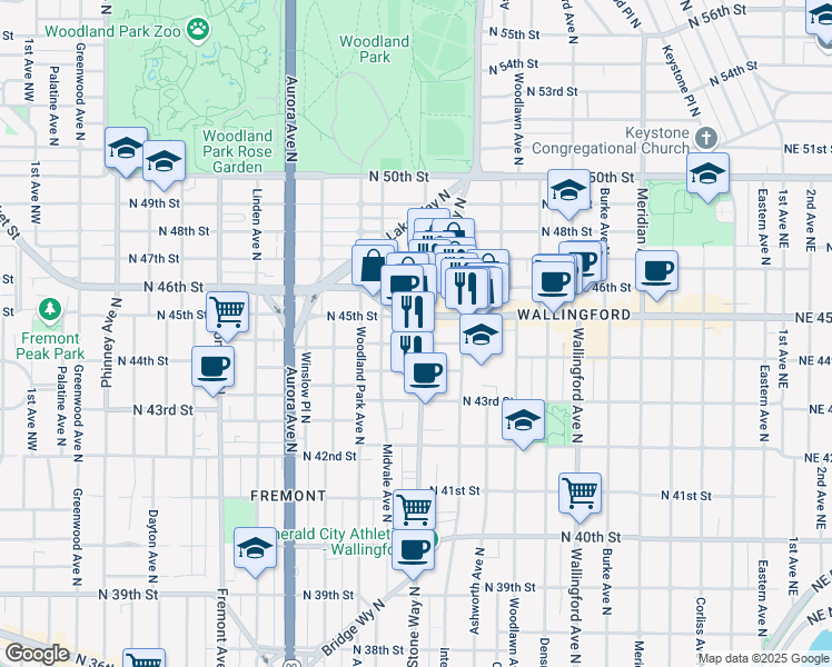map of restaurants, bars, coffee shops, grocery stores, and more near 4453 Stone Way North in Seattle