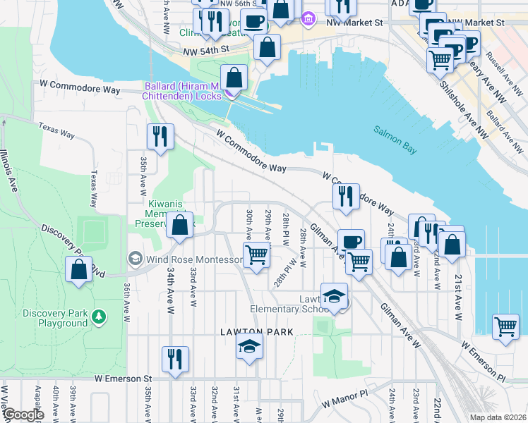 map of restaurants, bars, coffee shops, grocery stores, and more near 4429 29th Avenue West in Seattle