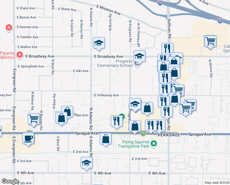 map of restaurants, bars, coffee shops, grocery stores, and more near 14913 East Valleyway Avenue in Spokane Valley