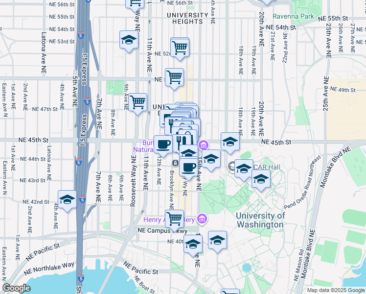 map of restaurants, bars, coffee shops, grocery stores, and more near 4332 University Way Northeast in Seattle