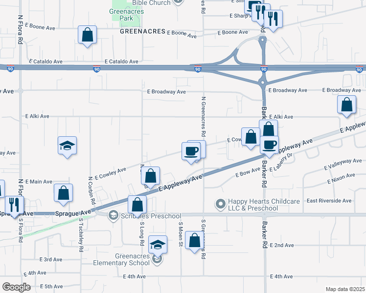 map of restaurants, bars, coffee shops, grocery stores, and more near 18117 East Cowley Avenue in Spokane Valley
