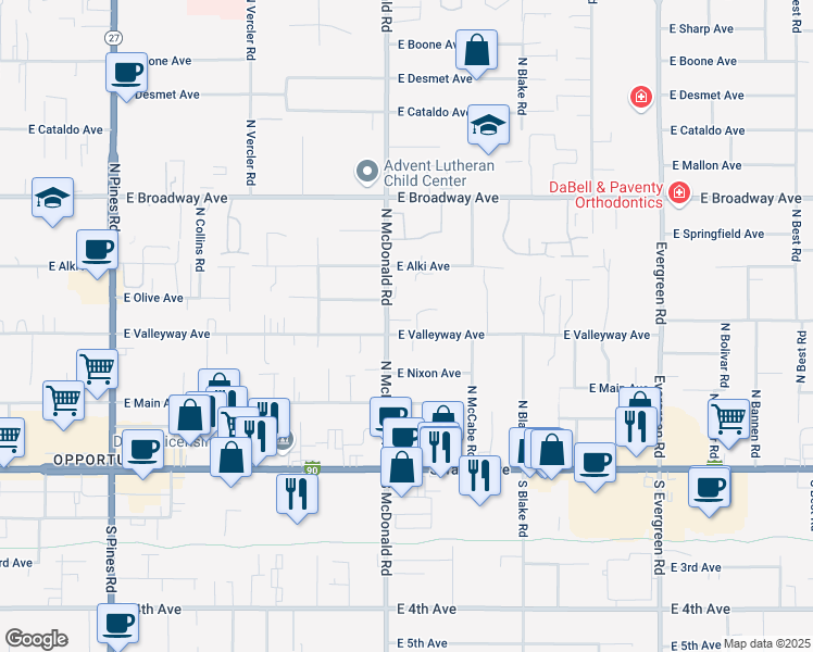 map of restaurants, bars, coffee shops, grocery stores, and more near 13103 East Valleyway Avenue in Spokane Valley