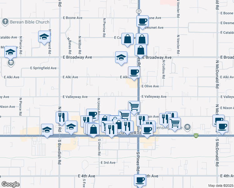 map of restaurants, bars, coffee shops, grocery stores, and more near 12019 East Valleyway Avenue in Spokane Valley