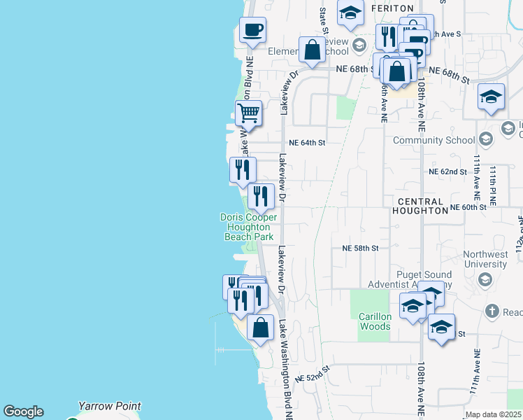 map of restaurants, bars, coffee shops, grocery stores, and more near 5918 Lake Washington Boulevard Northeast in Kirkland