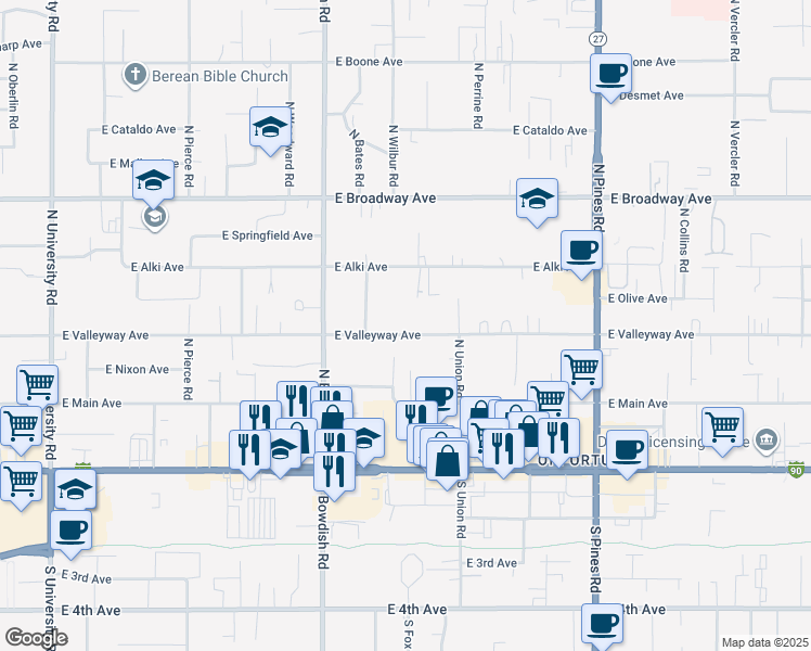 map of restaurants, bars, coffee shops, grocery stores, and more near 11707 East Valleyway Avenue in Spokane Valley