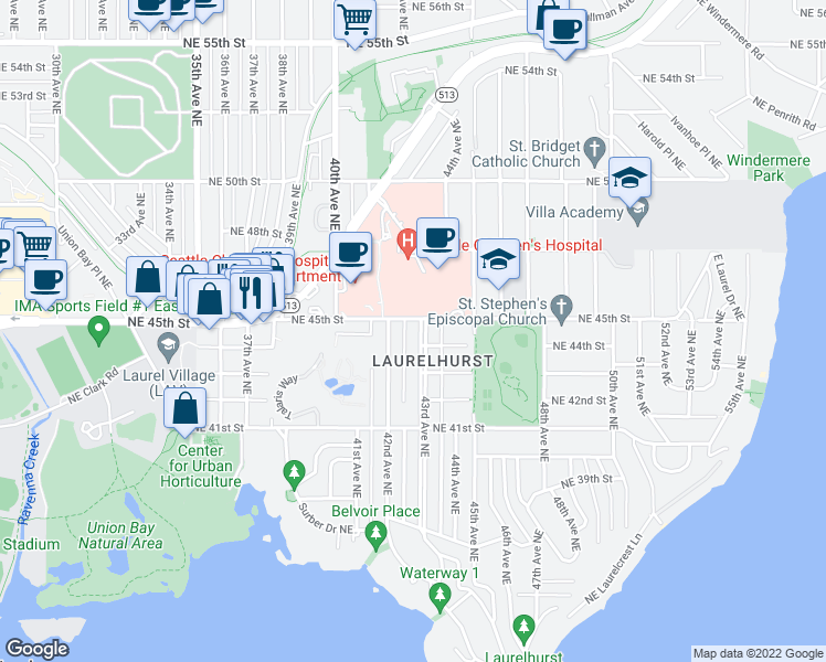 map of restaurants, bars, coffee shops, grocery stores, and more near 4411 43rd Avenue Northeast in Seattle