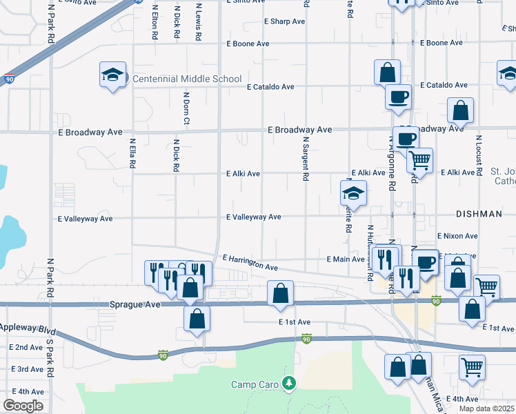 map of restaurants, bars, coffee shops, grocery stores, and more near 411 North Bessie Road in Spokane Valley