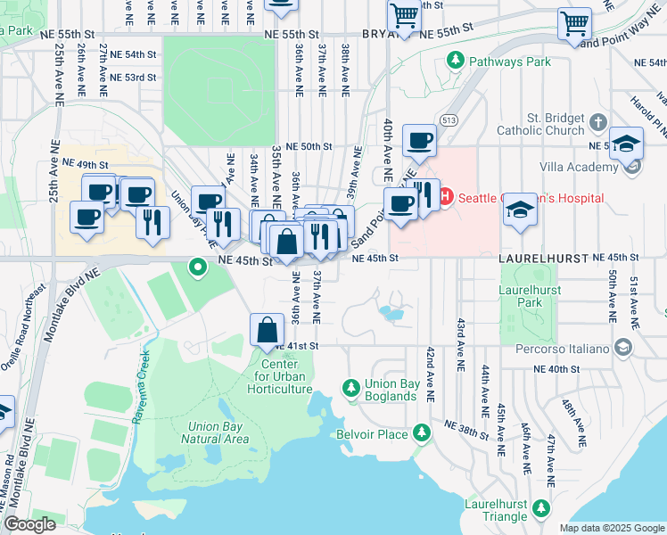 map of restaurants, bars, coffee shops, grocery stores, and more near 4413 38th Avenue Northeast in Seattle