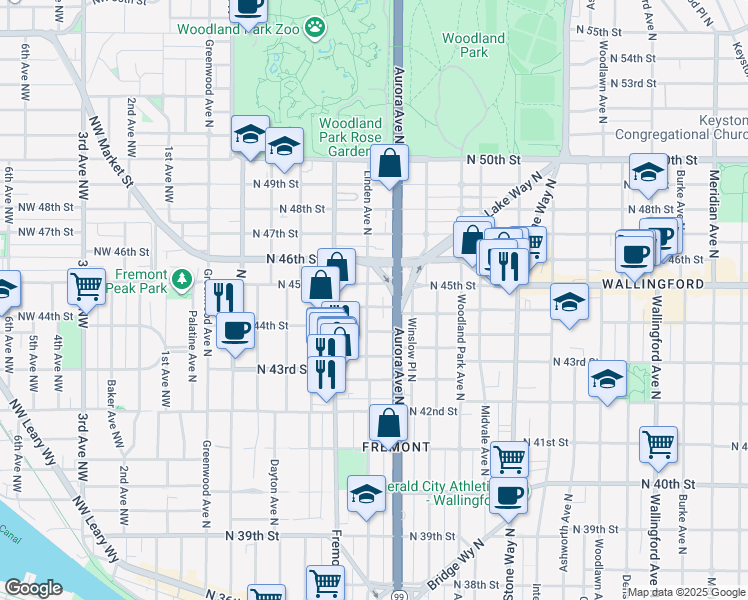 map of restaurants, bars, coffee shops, grocery stores, and more near 800 North Allen Place in Seattle