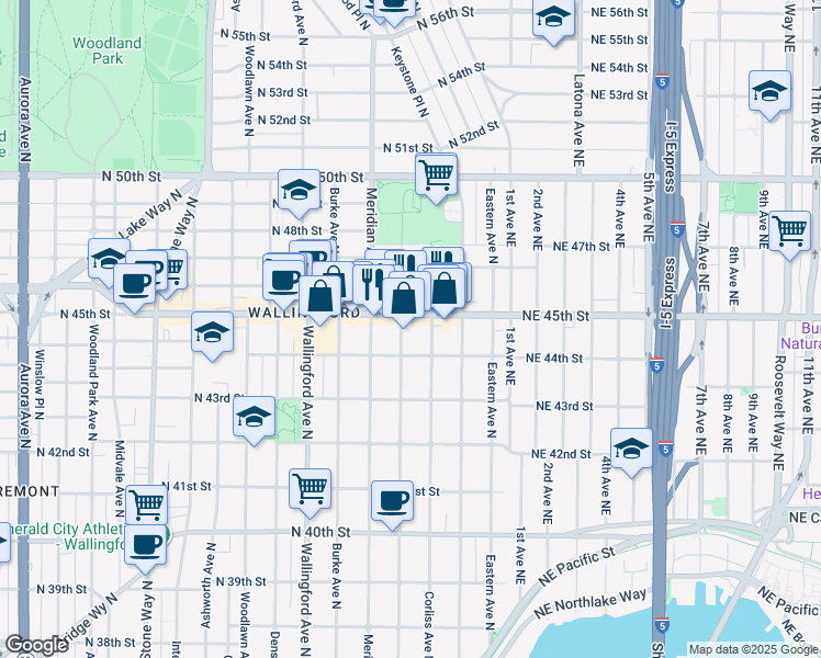 map of restaurants, bars, coffee shops, grocery stores, and more near 4422 Bagley Avenue North in Seattle