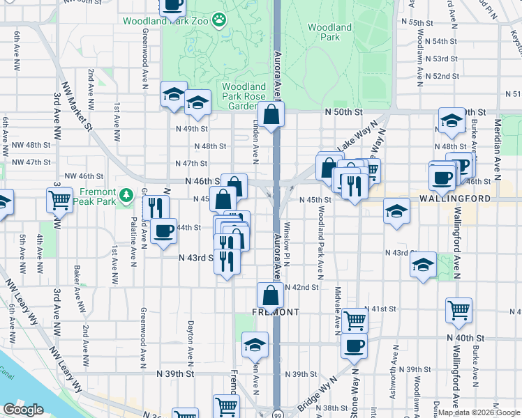 map of restaurants, bars, coffee shops, grocery stores, and more near 4453 Linden Avenue North in Seattle