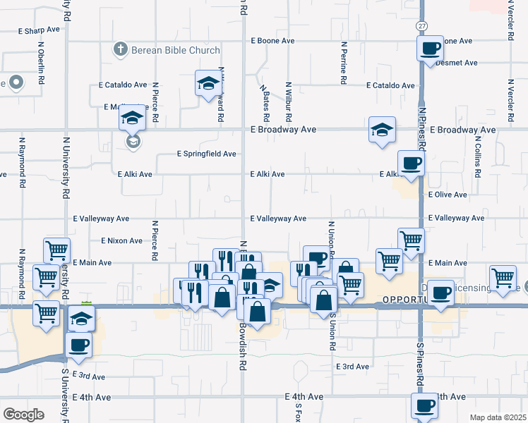 map of restaurants, bars, coffee shops, grocery stores, and more near 11523 East Valleyway Avenue in Spokane Valley