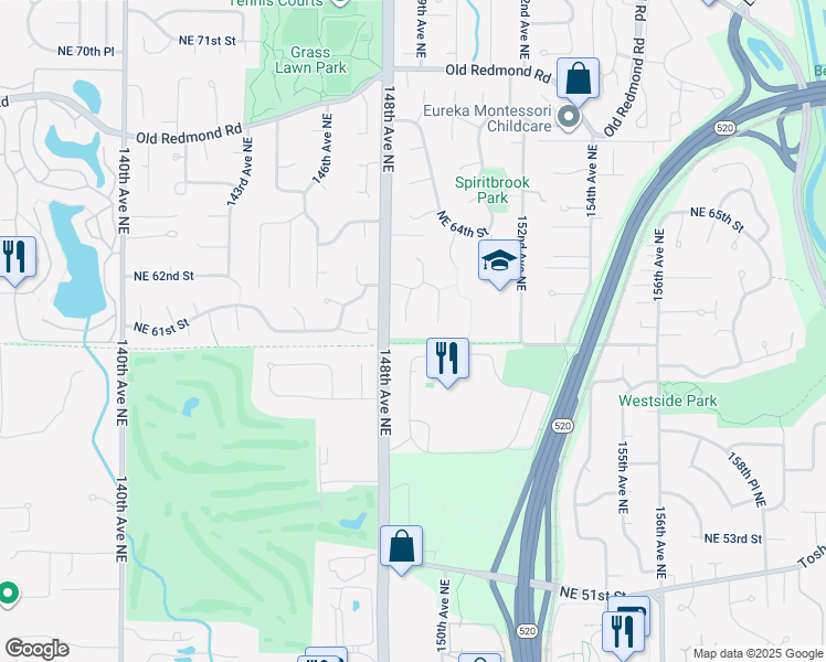 map of restaurants, bars, coffee shops, grocery stores, and more near 6012 148th Court Northeast in Redmond