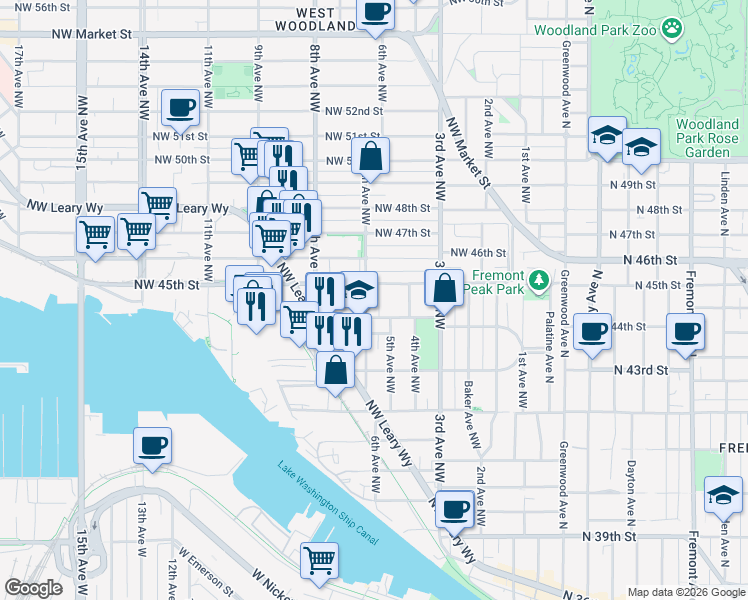 map of restaurants, bars, coffee shops, grocery stores, and more near 4416 6th Avenue Northwest in Seattle
