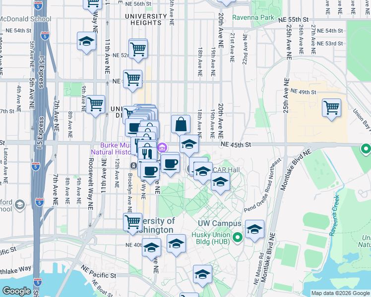 map of restaurants, bars, coffee shops, grocery stores, and more near 4499 Memorial Way Northeast in Seattle