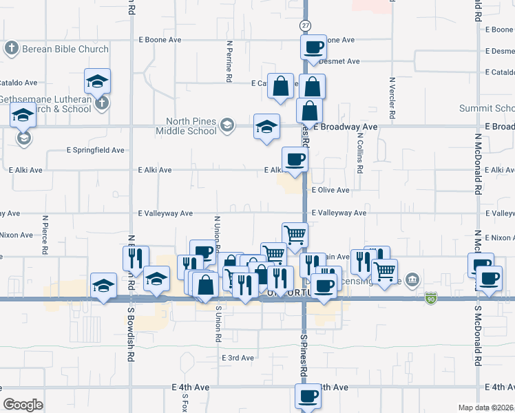 map of restaurants, bars, coffee shops, grocery stores, and more near 12019 East Valleyway Avenue in Spokane Valley