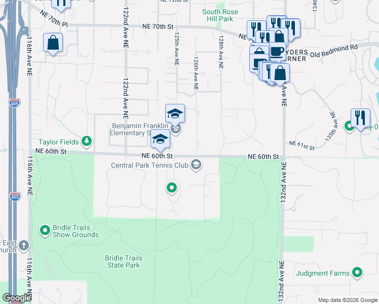 map of restaurants, bars, coffee shops, grocery stores, and more near 6015 126th Avenue Northeast in Kirkland