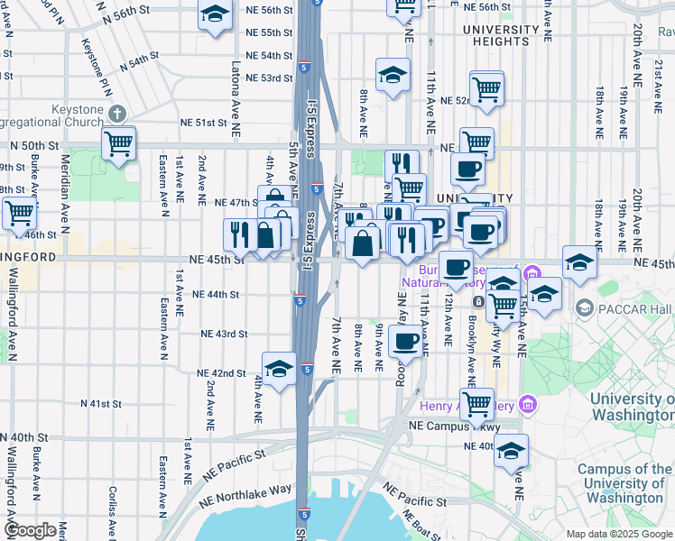 map of restaurants, bars, coffee shops, grocery stores, and more near 714 Northeast 45th Street in Seattle