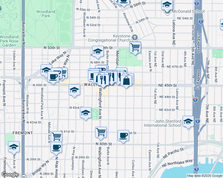 map of restaurants, bars, coffee shops, grocery stores, and more near 1919 North 45th Street in Seattle