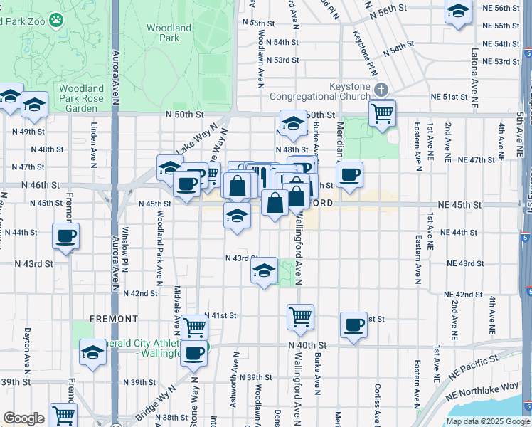 map of restaurants, bars, coffee shops, grocery stores, and more near 4422 Woodlawn Avenue North in Seattle