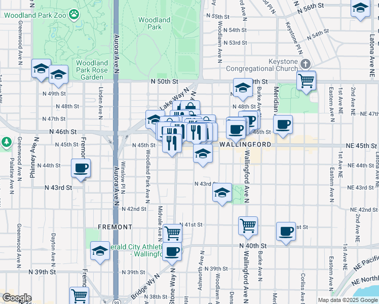 map of restaurants, bars, coffee shops, grocery stores, and more near in Seattle