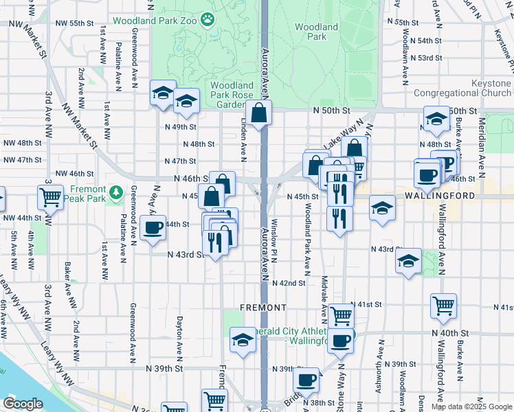 map of restaurants, bars, coffee shops, grocery stores, and more near 4455 Aurora Avenue North in Seattle