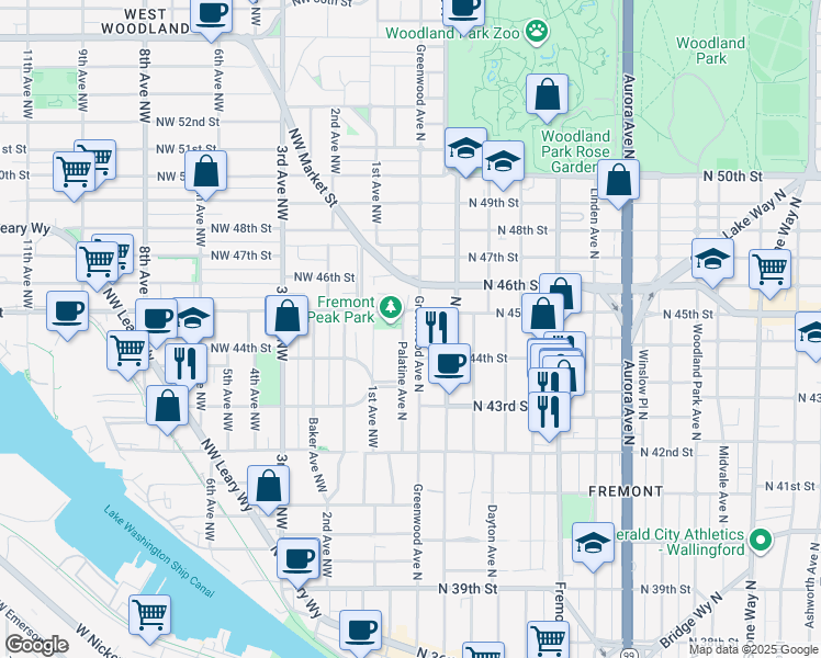 map of restaurants, bars, coffee shops, grocery stores, and more near 4351 Palatine Avenue North in Seattle