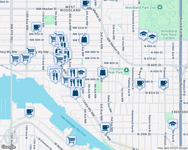 map of restaurants, bars, coffee shops, grocery stores, and more near 4417 4th Avenue Northwest in Seattle