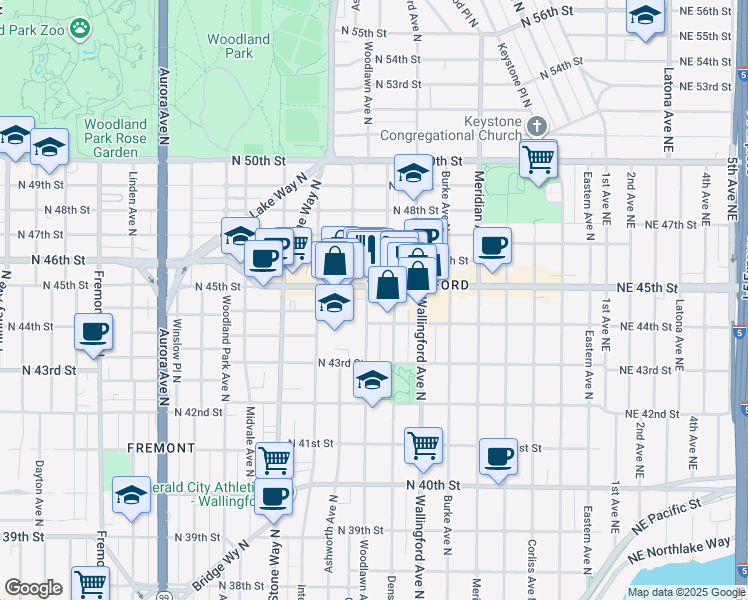 map of restaurants, bars, coffee shops, grocery stores, and more near 4422 Woodlawn Avenue North in Seattle