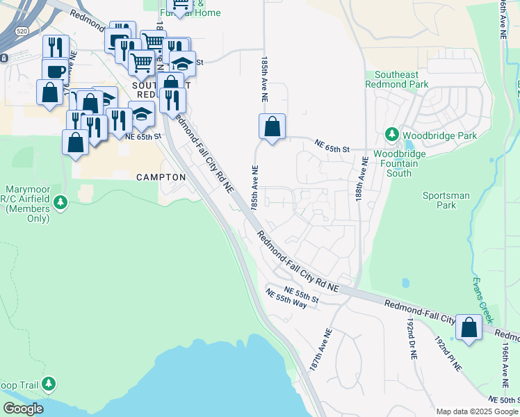 map of restaurants, bars, coffee shops, grocery stores, and more near Y103 185th Court Northeast in Redmond