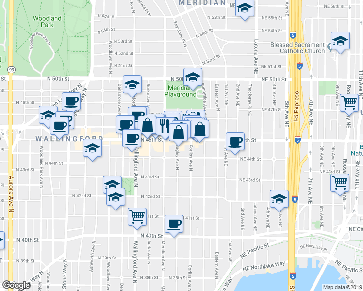 map of restaurants, bars, coffee shops, grocery stores, and more near 2205 North 45th Street in Seattle