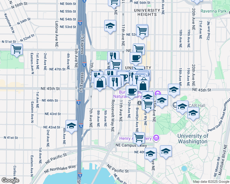 map of restaurants, bars, coffee shops, grocery stores, and more near 4336 Roosevelt Way Northeast in Seattle