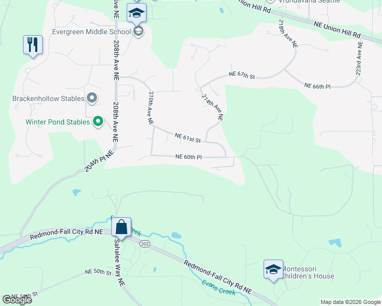 map of restaurants, bars, coffee shops, grocery stores, and more near 21222 Northeast 60th Place in Redmond