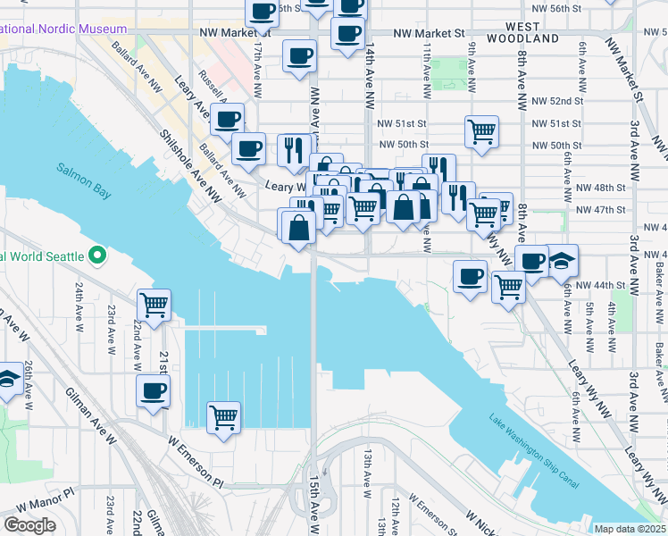 map of restaurants, bars, coffee shops, grocery stores, and more near 4455 Shilshole Avenue Northwest in Seattle